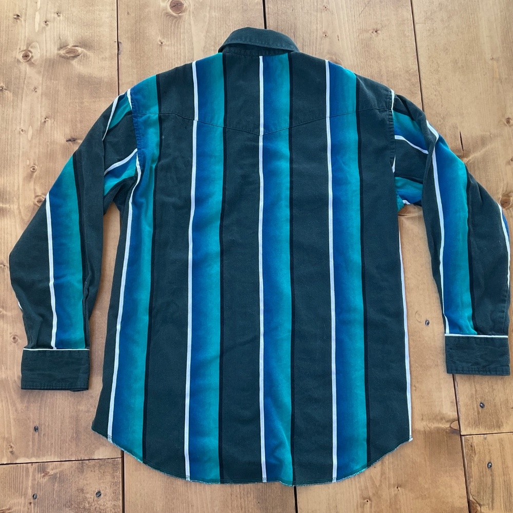 VINTAGE MENS 90s WRANGLER BRUSHPOPPER STRIPED LONG SLEEVE WESTERN COWBOY SHIRT - Picture 9 of 9